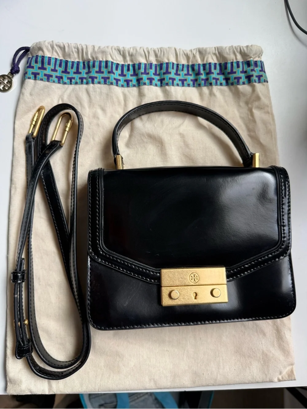Tory Burch Black Leather Top-Handle Crossbody with Gold Hardware